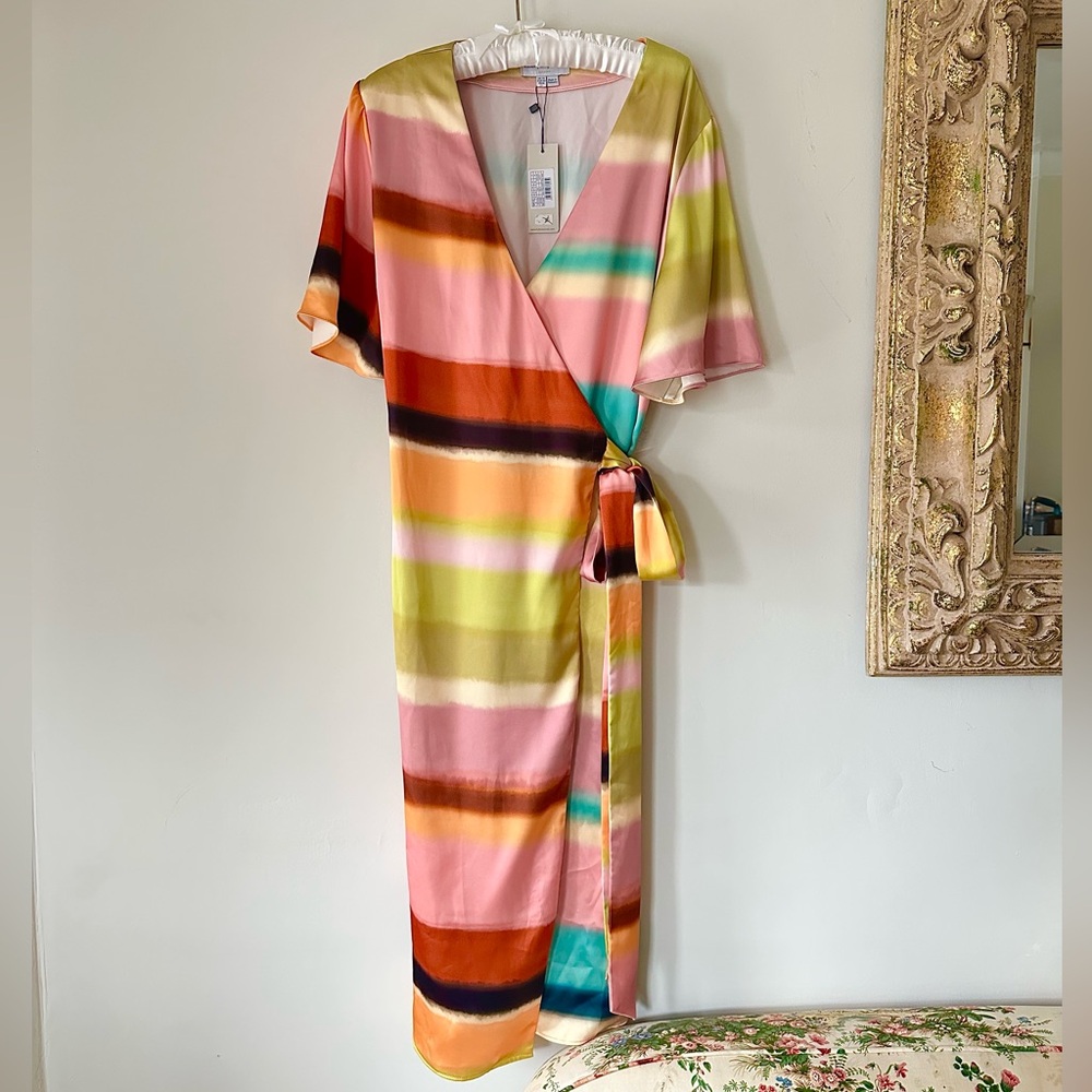 NFD - Silk Satin Striped Wrap Dress